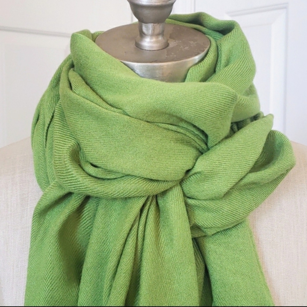 Green Pashmina Scarf Wrap -- Avocado Lime Fringe Shawl OS